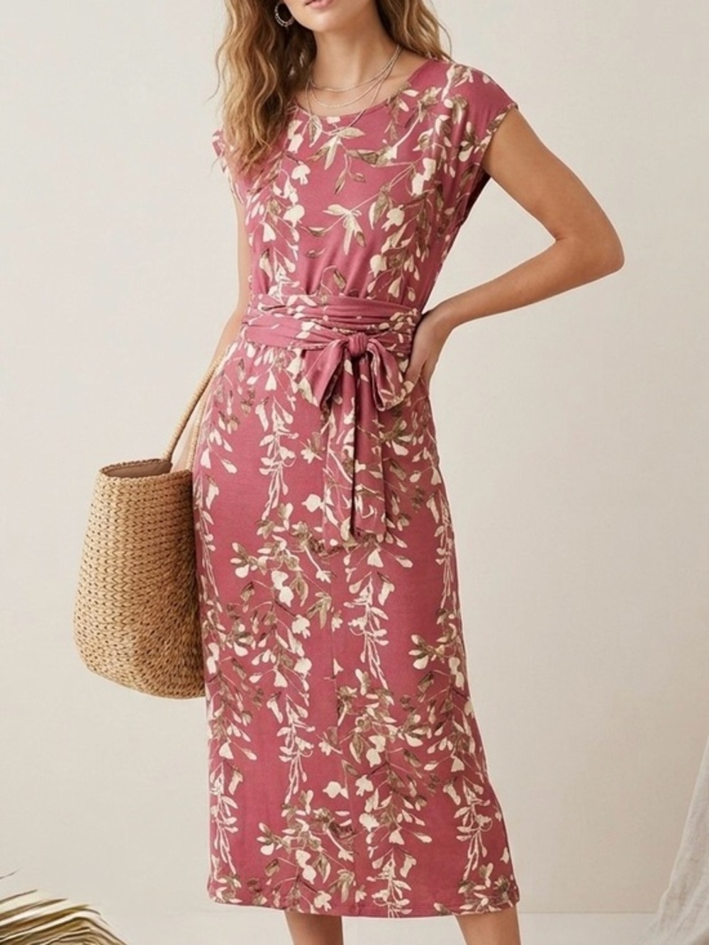 PERUVIAN CONNECTION Floral Viscose Jersey Belted Midi Dress Rose Medium